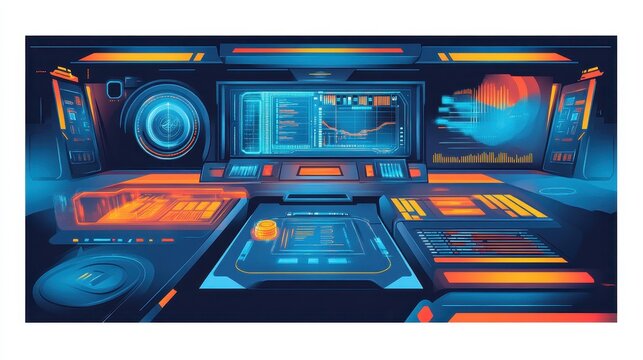 Futuristic spacecraft dashboard cockpit user interface with holograms and light neon panels vector detailed illustration for science fiction