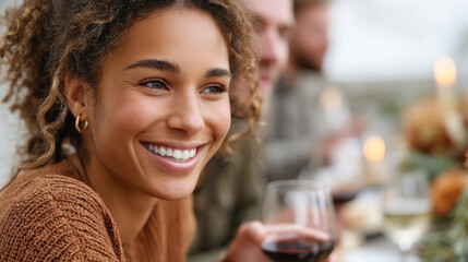 Joyful gathering with guests enjoying laughter and conversation at dinner table