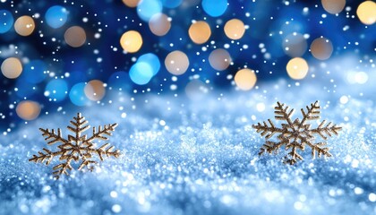 Fototapeta premium Festive winter snow scene with golden snowflakes