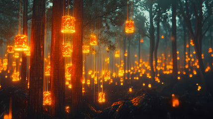 Fototapeta premium Autumnal forest with glowing, mechanical trees. mechanical forests. illustration. [Mechanical Forests] | Fusebark Bloom | lit bark. Illustration
