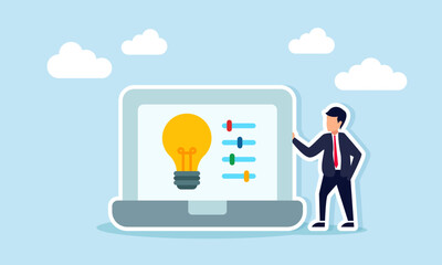 Businessman standing beside laptop displaying light bulb and adjustment tools illustration representing designing business ideas and innovations