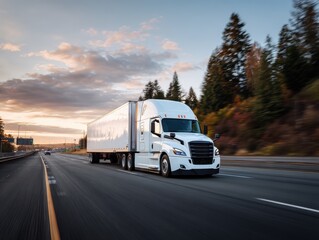 Obraz premium White semi truck driving on highway at sunset scenic landscape sky road fast speed cargo trees light