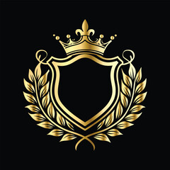 Obraz premium Golden heraldic shield with crown. Heraldic Coat of Arms decorative logo isolated vector illustration. Luxury golden laurel wreath heraldic emblem template vector illustration.Heraldic Coat of Arms de