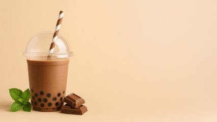 Plastic cup of chocolate bubble tea with a dome lid, striped straw, chocolate and mint leaves. Refreshing drink, dessert, sweet treat, beverage. Image isolated on beige background with copy space