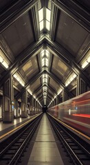 Obraz premium Subway station with train in motion offers a unique perspective of urban travel