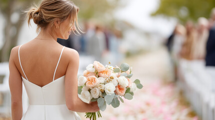 Bride walking down the aisle at outdoor wedding ceremony in romantic garden setting