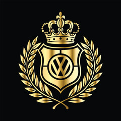 Fototapeta premium Golden heraldic shield with crown. Heraldic Coat of Arms decorative logo isolated vector illustration. Luxury golden laurel wreath heraldic emblem template vector illustration.Heraldic Coat of Arms de