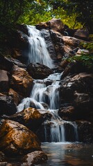 Fototapeta premium Cascading waterfall over mossy rocks in lush forest