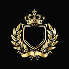 Fototapeta premium Golden heraldic shield with crown. Heraldic Coat of Arms decorative logo isolated vector illustration. Luxury golden laurel wreath heraldic emblem template vector illustration.Heraldic Coat of Arms de