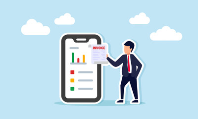 Businessman Holding Invoice Paper Beside Smartphone Displaying Sales Graph Illustrating Sales Analysis Through Issued Invoices