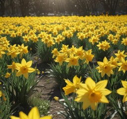 Obraz premium Sunlit field of vibrant yellow daffodils, petals gleaming , yellow flowers, spring, vibrant