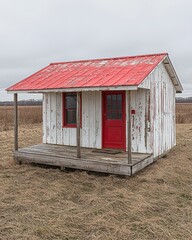 Obraz premium Tiny, weathered building with vibrant red roof and door