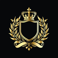 Obraz premium Golden heraldic shield with crown. Heraldic Coat of Arms decorative logo isolated vector illustration. Luxury golden laurel wreath heraldic emblem template vector illustration.Heraldic Coat of Arms de