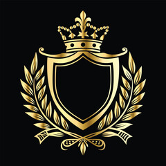 Obraz premium Golden heraldic shield with crown. Heraldic Coat of Arms decorative logo isolated vector illustration. Luxury golden laurel wreath heraldic emblem template vector illustration.Heraldic Coat of Arms de