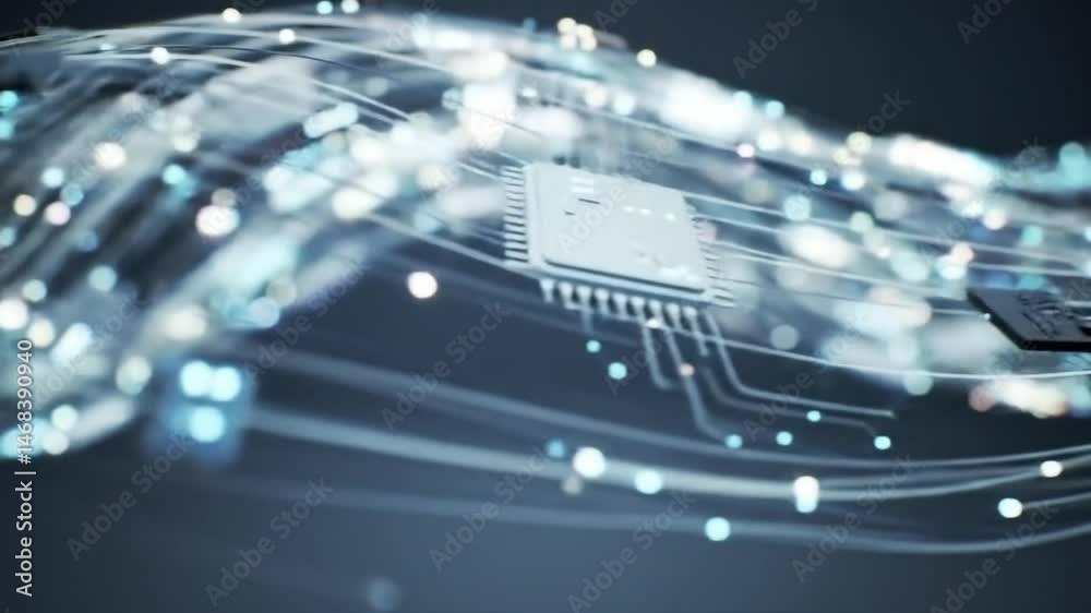 Poster Abstract Circuit Board with Flowing Data Streams and Light Effects