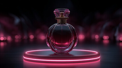 Elegant perfume bottle displayed on glowing pedestal, showcasing its intricate design and captivating color. ambiance is luxurious and inviting