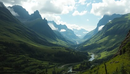 A breathtaking valley view with lush greenery and rolling hills under a partly cloudy sky