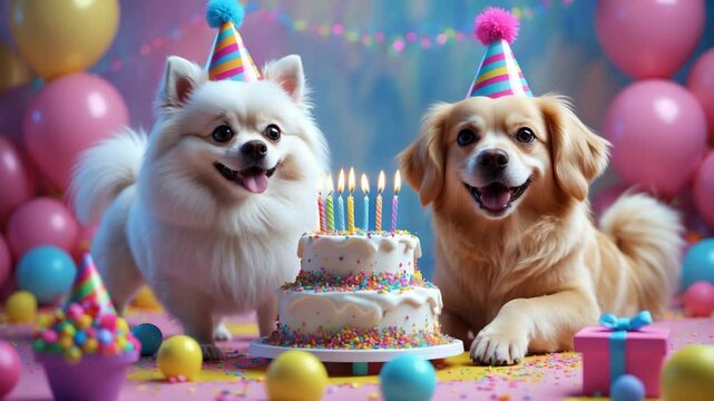 Pair of cute dogs celebrating with party hats and a cake
