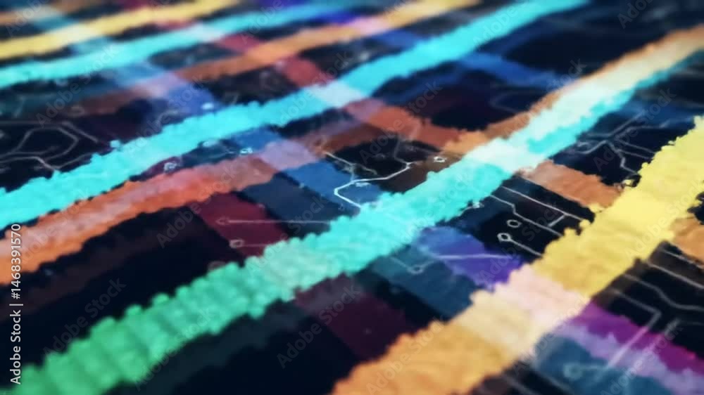 Poster abstract colorful lines flowing over circuit board