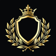 Obraz premium Golden heraldic shield with crown. Heraldic Coat of Arms decorative logo isolated vector illustration. Luxury golden laurel wreath heraldic emblem template vector illustration.Heraldic Coat of Arms de