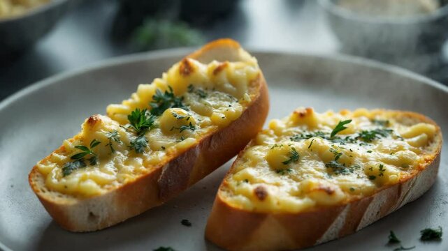 Two slices of garlic bread are artistically arranged beside it.