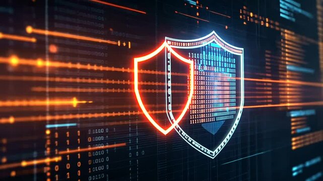 Glowing shield emblem floats in a digital landscape of binary code and light trails, symbolizing cybersecurity and data protection
