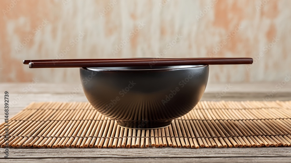Poster a simple black bowl with chopsticks on a bamboo mat against a soft background