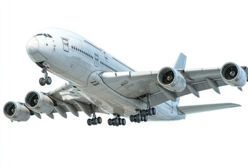 Obraz premium A large commercial aircraft in flight with landing gear extended showcasing detailed engines a