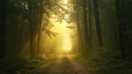 Path of Serenity: A Mystical Forest Scene with Sunlight Piercing Through Mist
