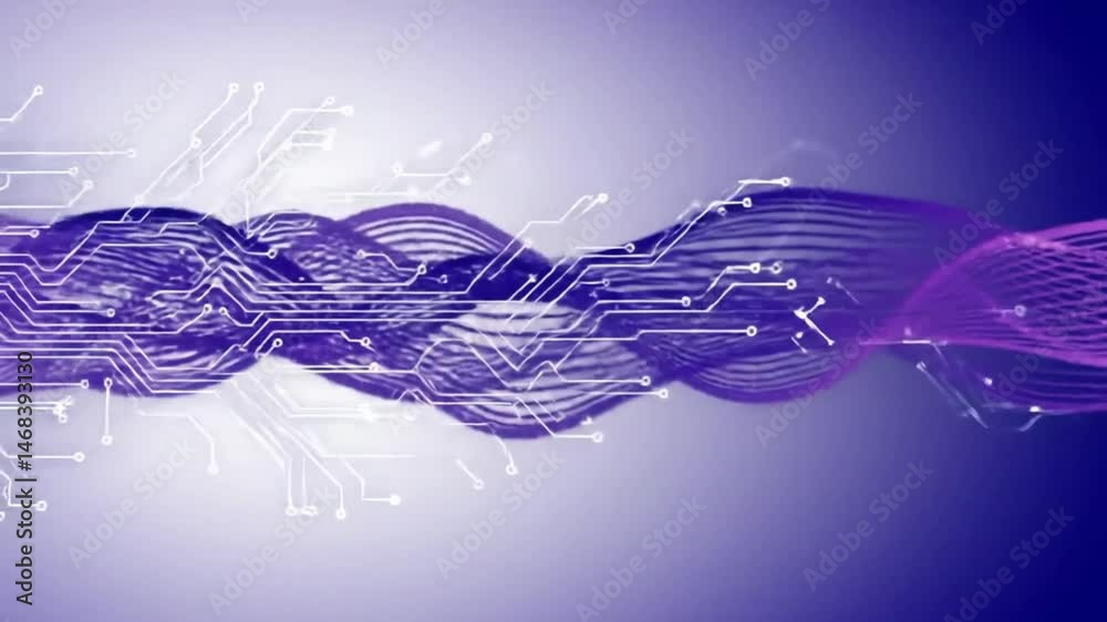 Poster abstract circuitry overlaying fluid purple waves in dynamic video