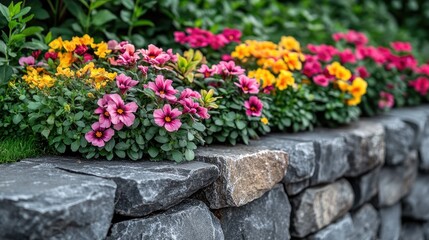 Vibrant flowerbed nestled within a gray stone wall.