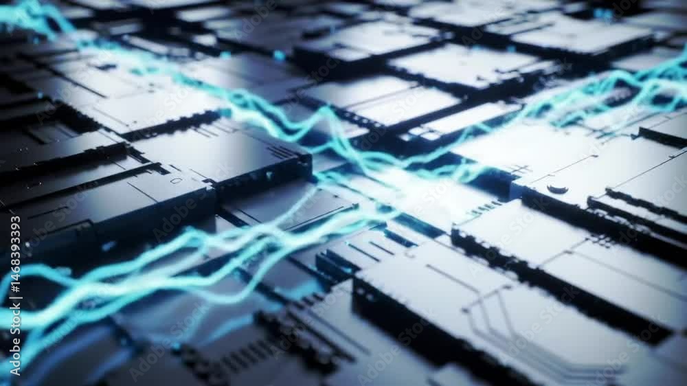 Poster futuristic circuit board with flowing blue energy streams animation