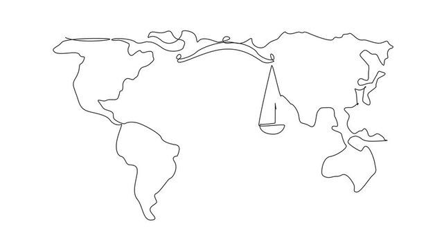 Animated self drawing of continuous line drawing two people on each side of the scales on the world map background. Equal justice. World Day of Social Justice. Full length single line animation - Powered by Adobe
