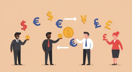Diverse financial team collaborating on global currency exchange initiatives online