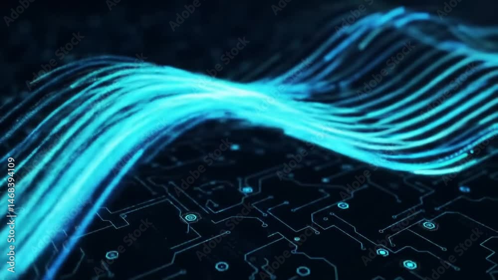 Poster abstract blue data stream flowing over circuit board