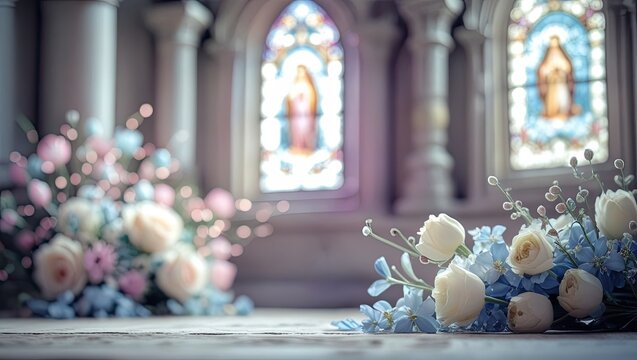 Serene Floral Arrangement with Sacred Religious Sanctuary Background