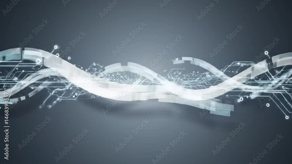 Poster abstract digital circuitry animation with flowing white ribbons and glowing particles