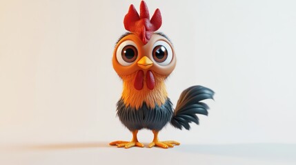 Cute cartoon rooster, studio shot, white background, cheerful expression