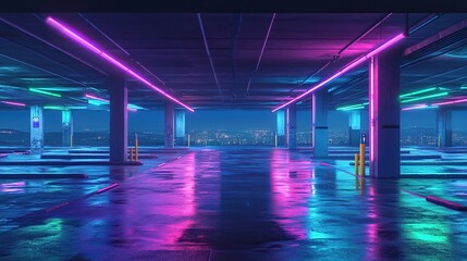 Neon-lit underground parking garage at night