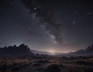 Dark, inky sky ablaze with countless twinkling stars and distant nebulae ,  light,  mysterious