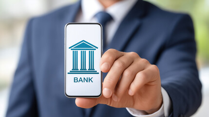 Businessman in formal suit holding smartphone with bank icon on screen representing online banking and digital finance services.