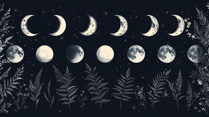 Illustration set of moon phases. different stages of moonlight activity in vintage engraving style. zodiac signs. [Lunar Botanica] | Satellite Ferns | orbit foliage. Illustration