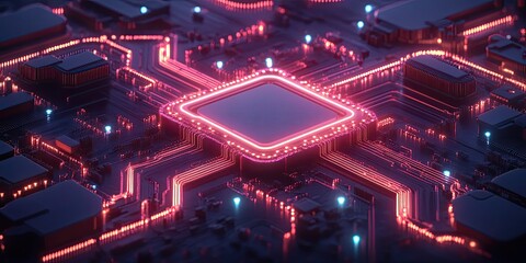 Close-up of a computer chip/CPU glowing with red and orange light on a dark circuit board. For themes of processing power, hardware technology, or AI.