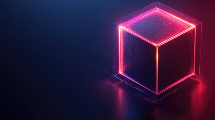 glowing, translucent cubic outline in red and blue neon light, casting reflections on a dark, reflective surface. Ideal for websites/blogs on technology, data, blockchain, innovation, or abstract 