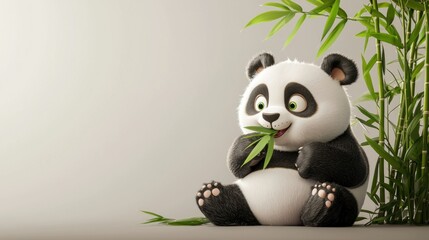 Fototapeta premium Cute cartoon panda eating bamboo in nature background