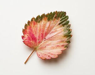 A single autumn leaf, pink, red, and green hues, isolated on white