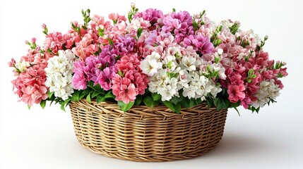 Wicker basket brimming with colorful, blooming flowers