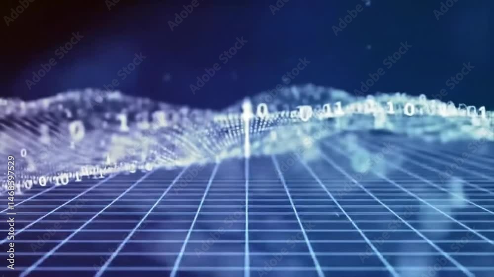 Poster Digital Data Stream: Binary Code Flowing Over Grid in Abstract Blue Visualization