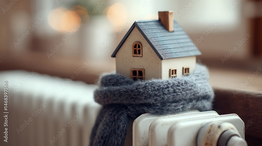 Aufkleber A small model house wrapped in a woolen scarf on a radiator symbolizes warmth and energy efficiency during cold months
