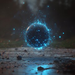 Glowing orb levitates, emitting blue particles
